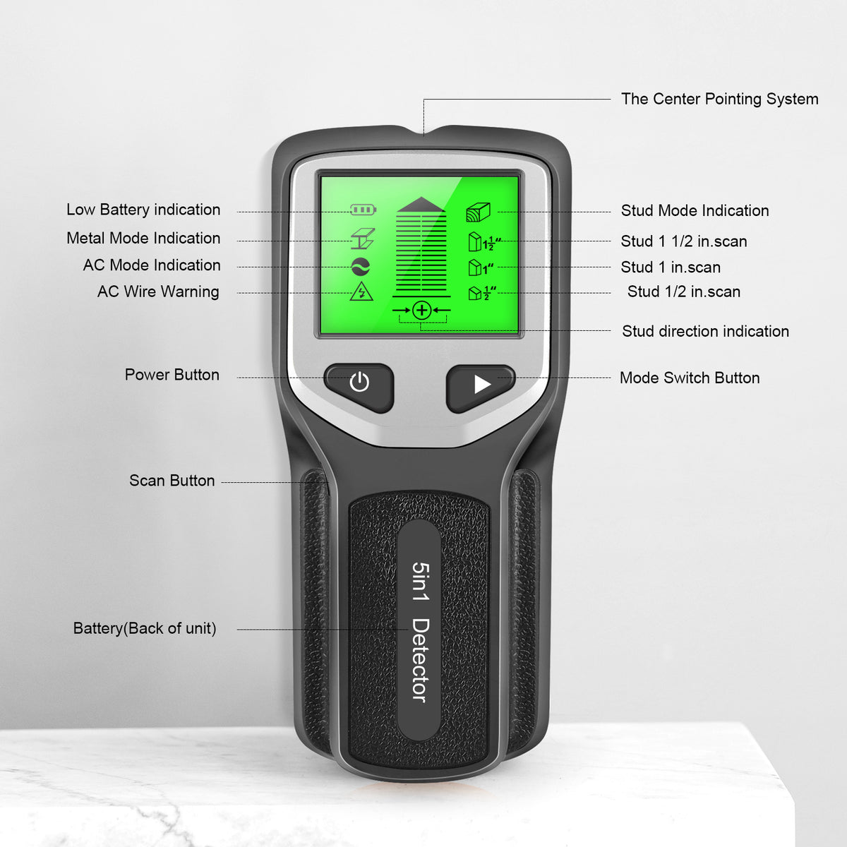 Stud finder detection modes for wood, metal and live wires