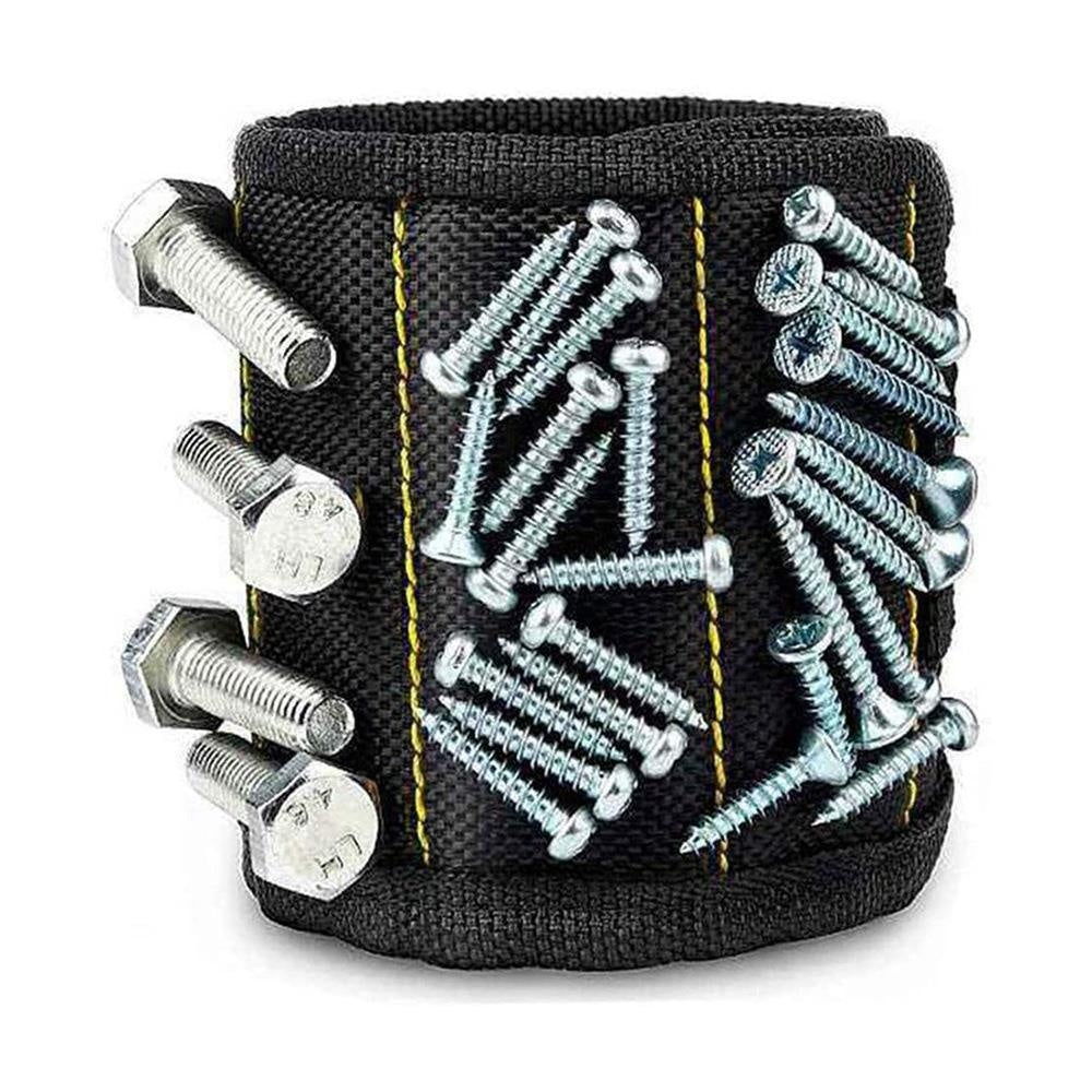 Magnetic wristband holding screws and drill bits